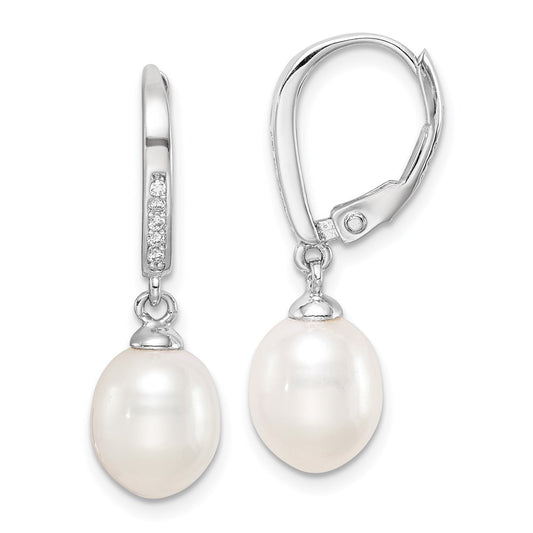 Sterling Silver RH-plated White 7-8mm FWC Pearl & CZ Leverback Earrings