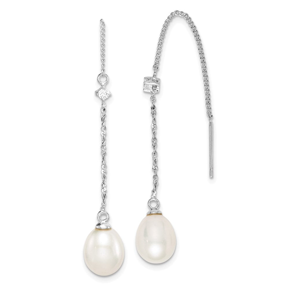 Sterling Silver RH-plated 7-8mm FWC Pearl & CZ Threader Earrings