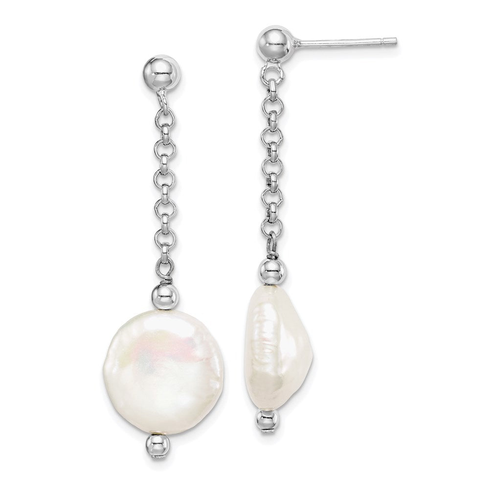 Sterling Silver Rhod-plated 12-13 Coin FWC Pearl Dangle Earrings