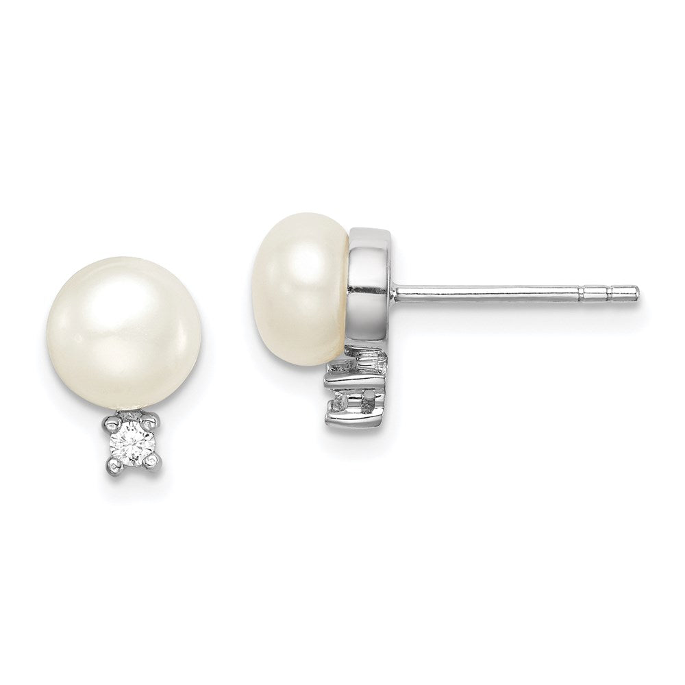 Sterling Silver Rhod-plat 6-7mm White Button FWC Pearl CZ Earrings
