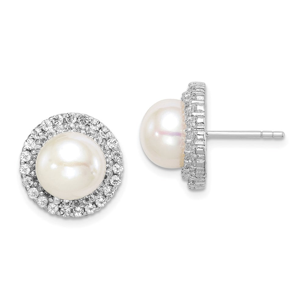 Sterling Silver Rhod-plat 8-9mm White Button FWC Pearl CZ Earrings