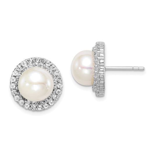 Sterling Silver Rhod-plat 8-9mm White Button FWC Pearl CZ Earrings