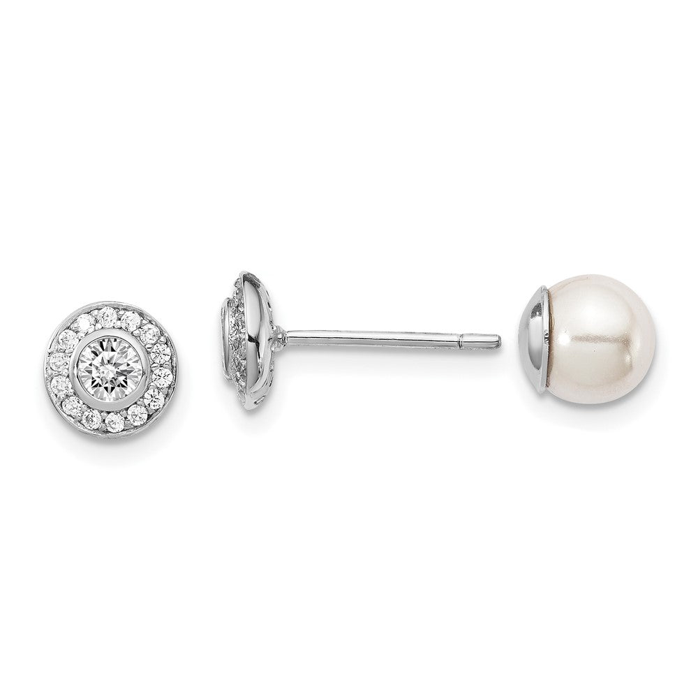 Sterling Silver RH-plated Polished MOP & CZ Halo Reversible Post Earrings