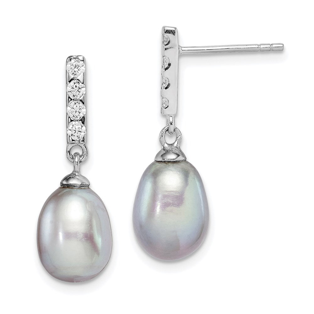Sterling Silver RH-plated 8-9mm Grey FWC Pearl & CZ Post Dangle Earrings