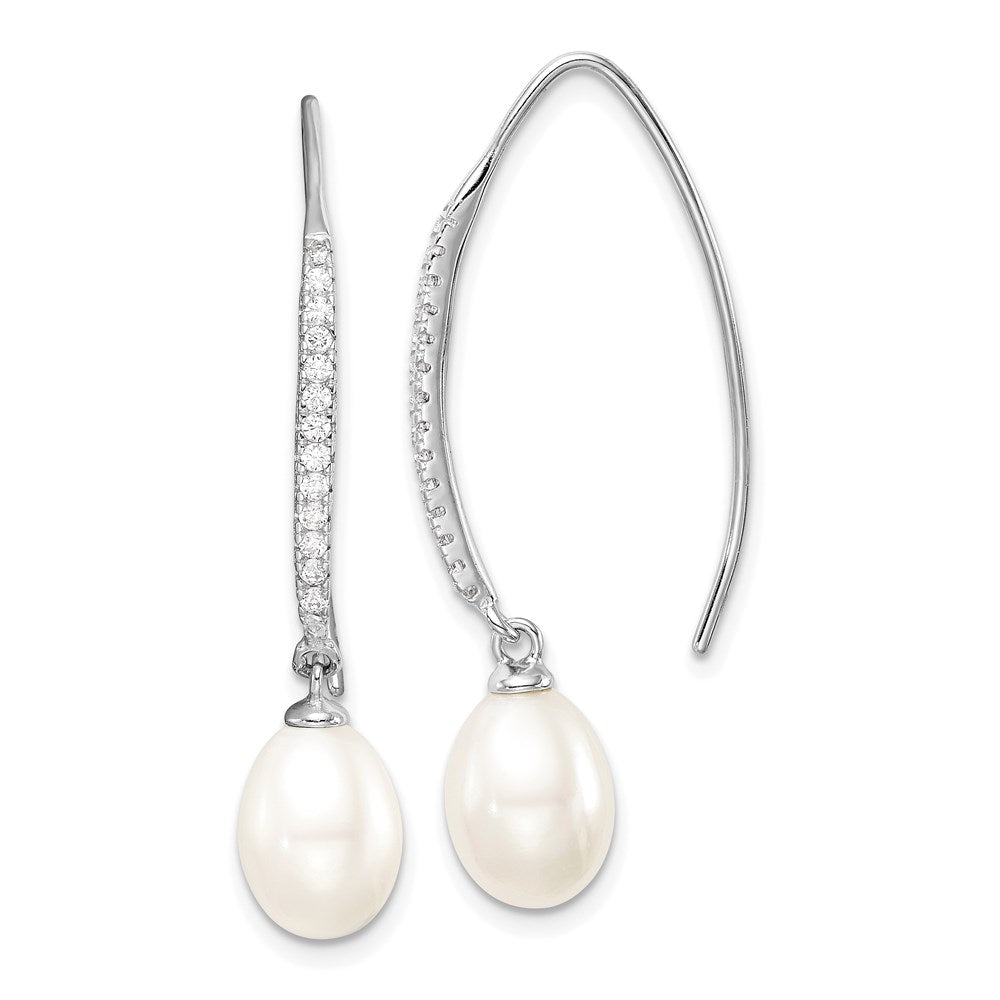 Sterling Silver Rhodium-plated 7-8mm FWC Pearl & CZ Threader Earrings