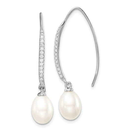 Sterling Silver Rhodium-plated 7-8mm FWC Pearl & CZ Threader Earrings