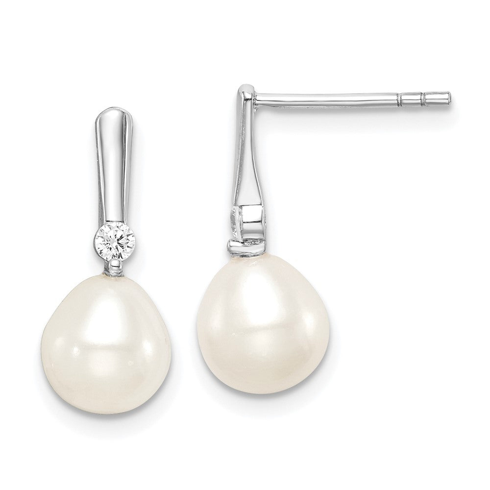 Sterling Silver Rhodium-plated 7-8mm Rice FWC Pearl CZ Dangle Earrings