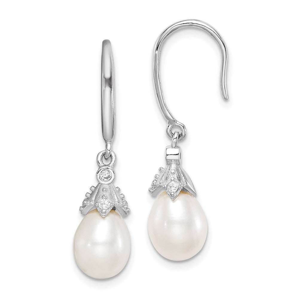Sterling Silver Rhodium-plated 7-8mm FWC Pearl & CZ Dangle Earrings