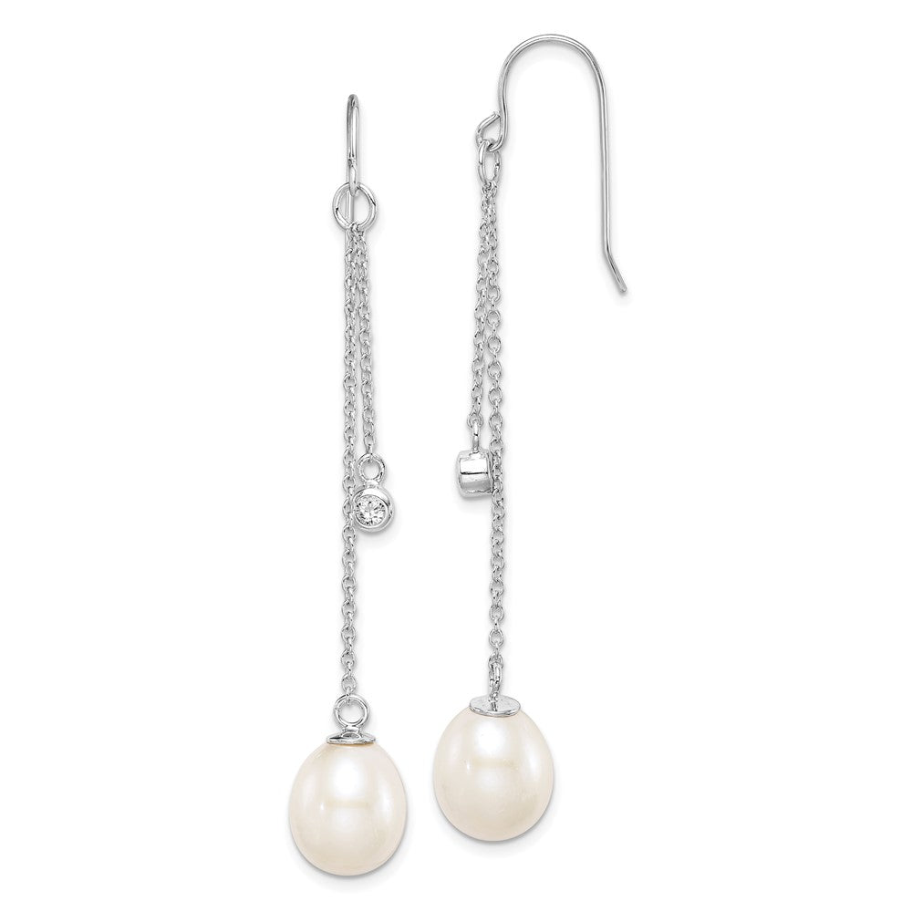 Sterling Silver Rhodium-plated 9-10mm FWC Pearl & CZ Dangle Earrings