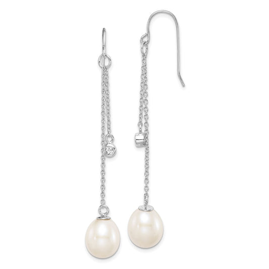 Sterling Silver Rhodium-plated 9-10mm FWC Pearl & CZ Dangle Earrings