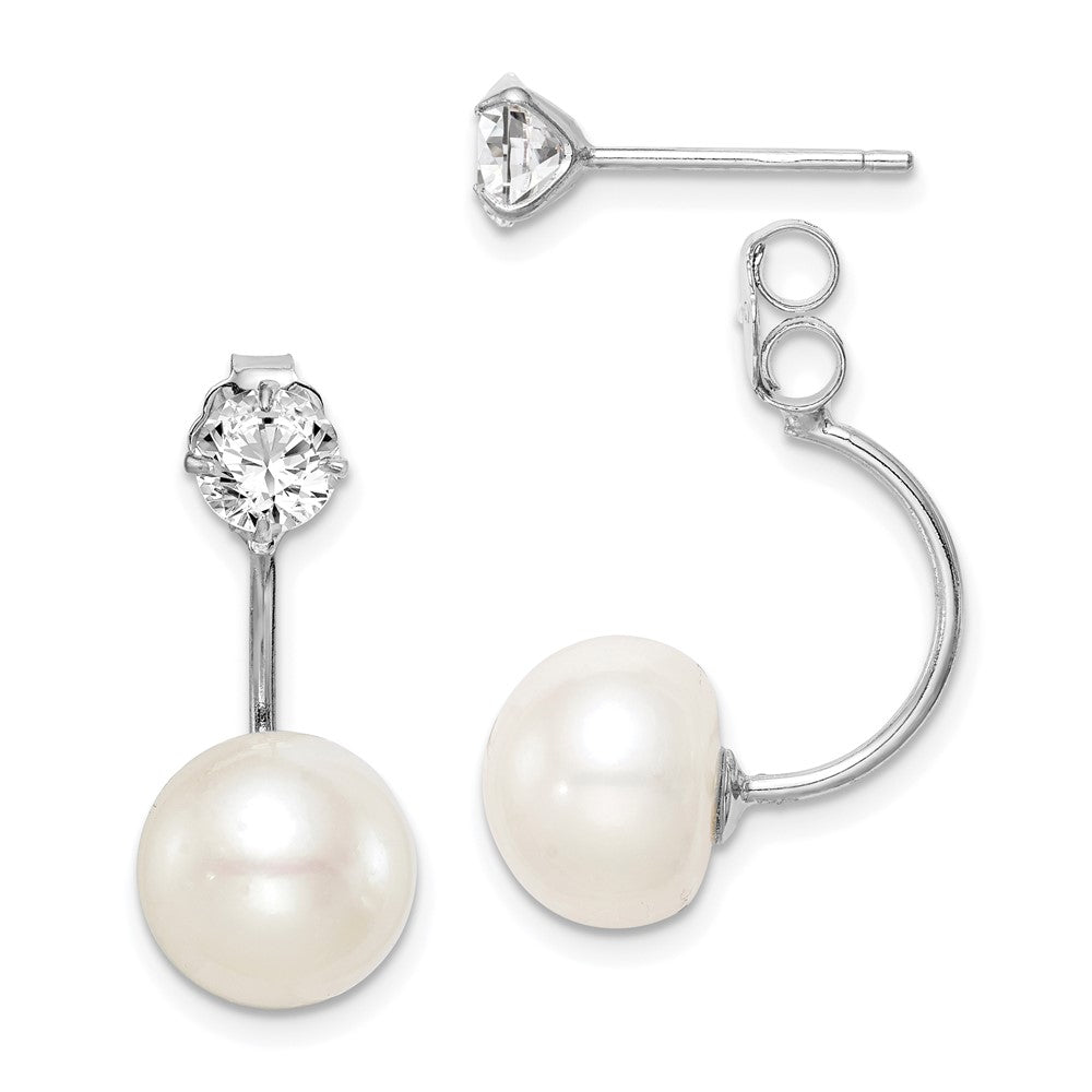 Sterling Silver RH-plated FWC Pearl & CZ Front/Back Post Dangle Earrings