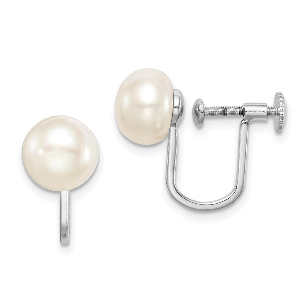 Sterling Silver RH-plated 8-9mm Button FWC Pearl Non Pierced Earrings