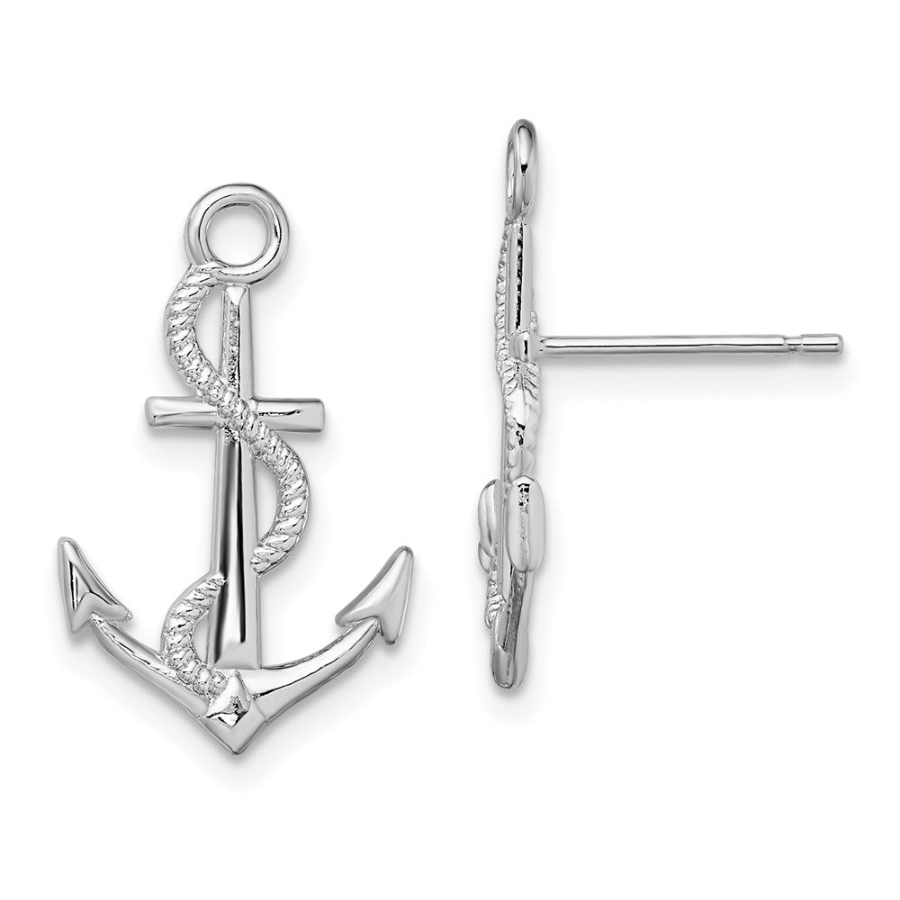 Sterling Silver Rhodium-plated Polished Anchor w/Rope Post Earrings