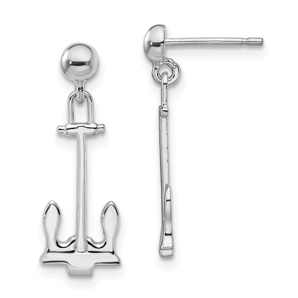 Sterling Silver Rhodium-plated Polished Anchor Dangle Post Earrings