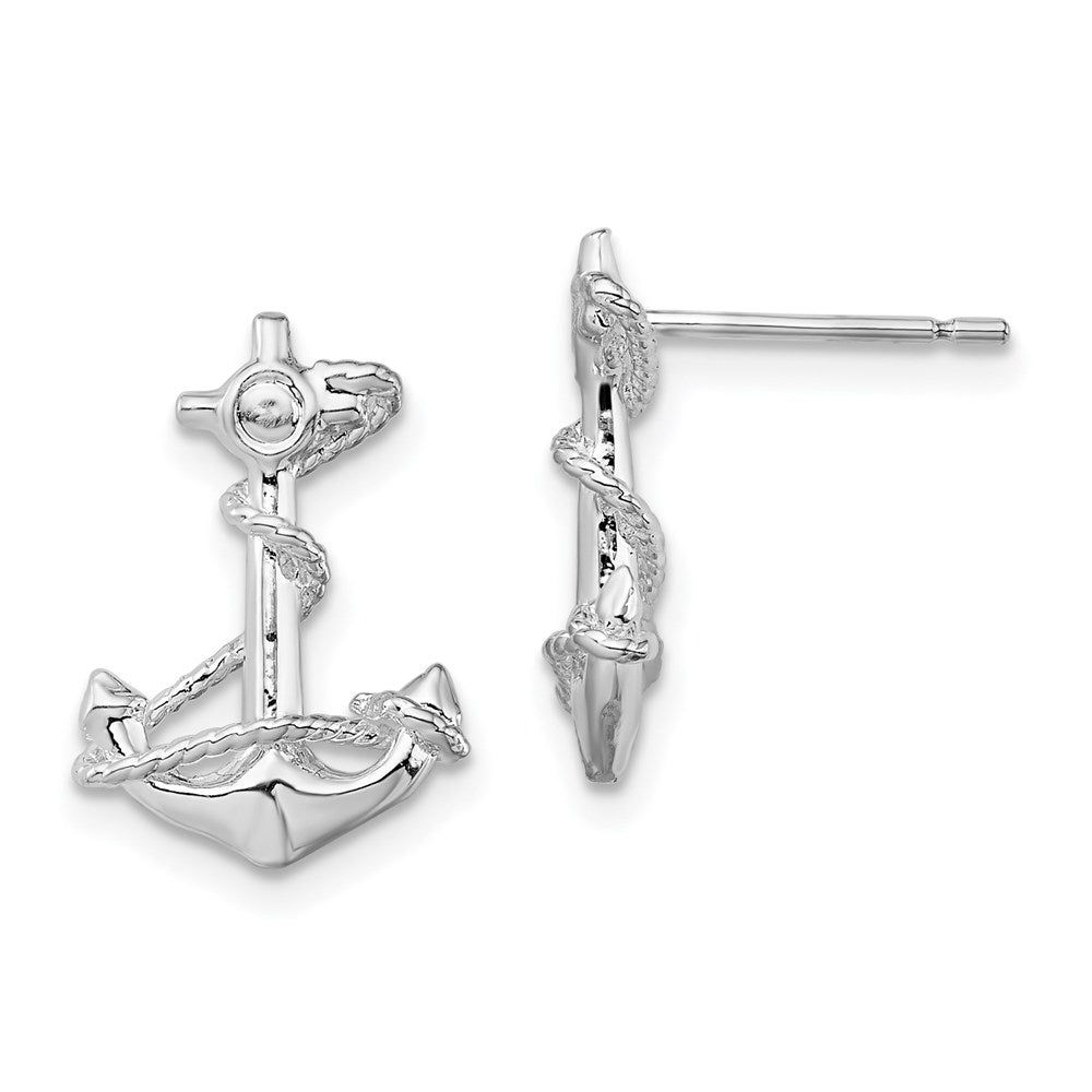 Sterling Silver Rhodium-plated Polished Anchor w/Rope Post Earrings
