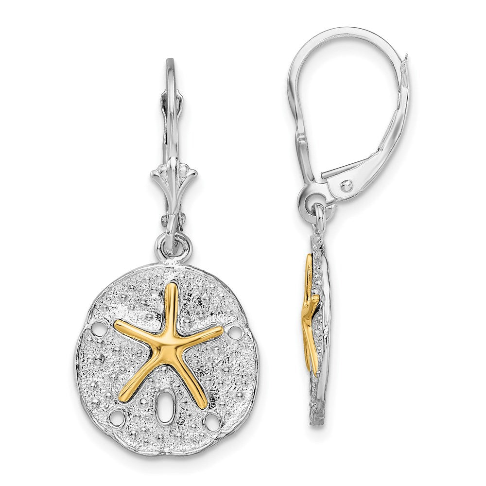 Sterling Silver Rhod-plated Sand Dollar w/14k Starfish Leverback Earrings