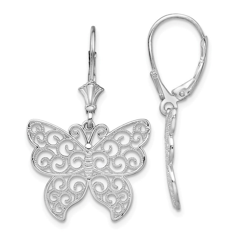 Sterling Silver Rhod-plated Polished Filigree Butterfly Leverback Earrings