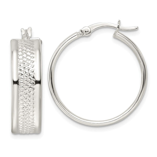 Sterling Silver Polished Textured 7.5x25mm Hoop Earrings
