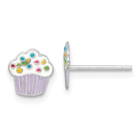 Sterling Silver RH-plated Enamel Cupcake Children's Post Earrings