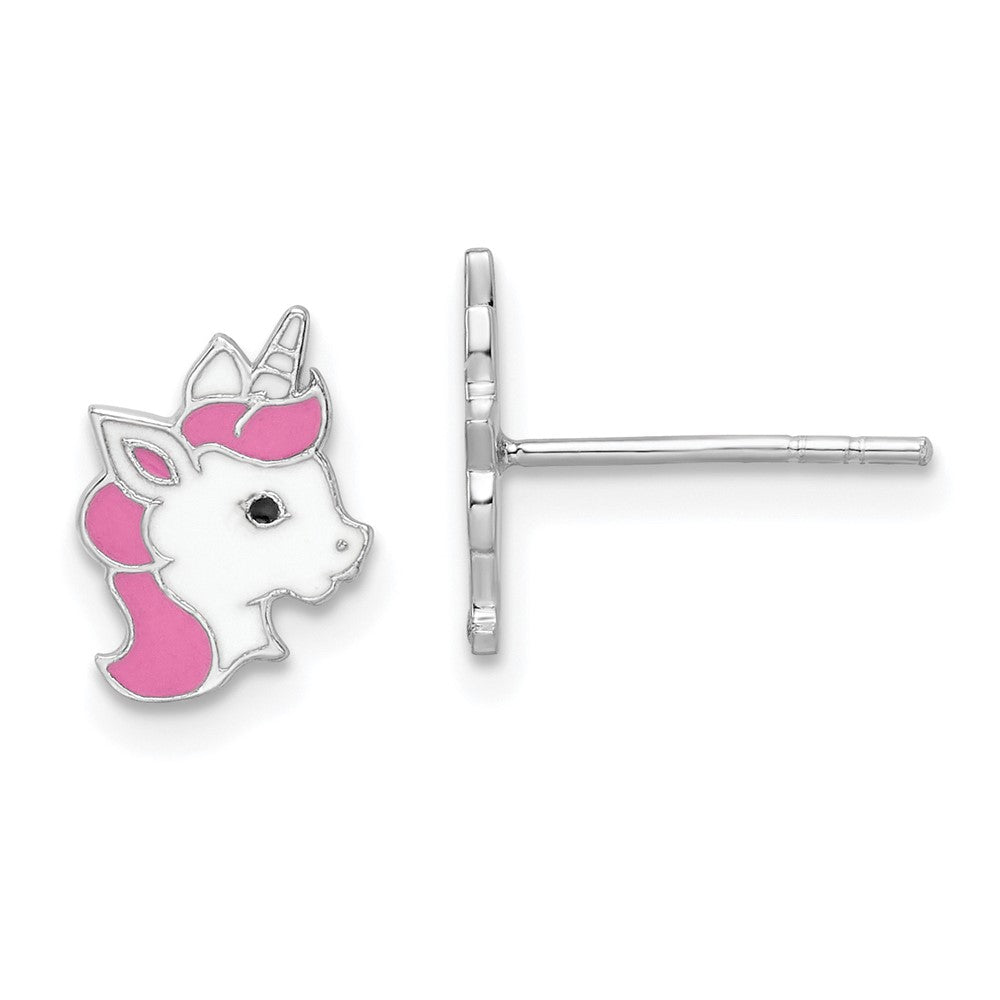 Sterling Silver Rhodium-plated Enamel Unicorn Post Earrings