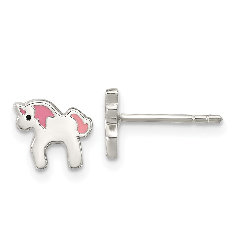 Sterling Silver Rhod-pltd Multicolor Enamel Unicorn Childs Post Earrings