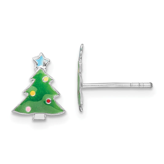 Sterling Silver RH-plated Enamel Kids Christmas Tree Post Earrings