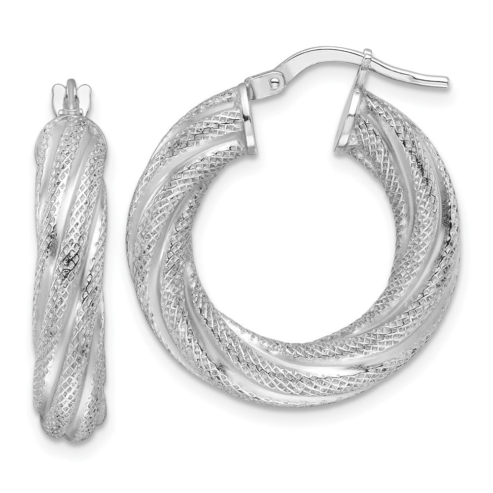 Sterling Silver Rhod-plated 5mm Textured Twisted Hoop Earrings
