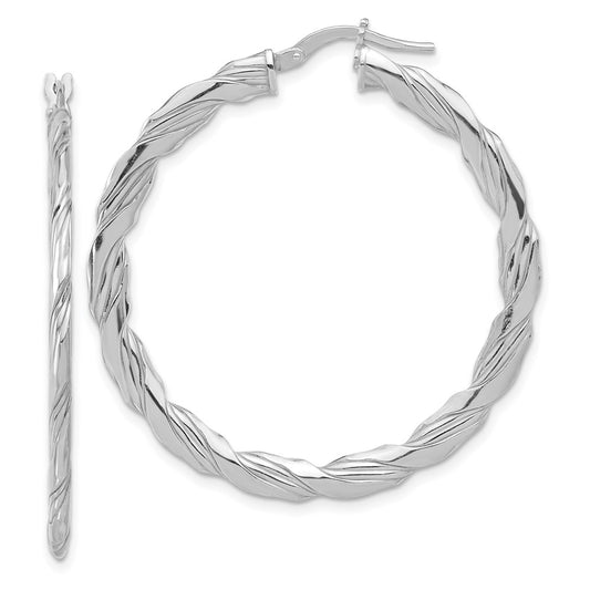 Sterling Silver RH-plated Polished and Textured Twisted Hoop Earrings