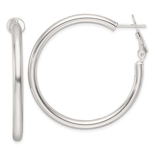 Sterling Silver Polished 40x3.25mm Omega Back Round Hoop Earrings
