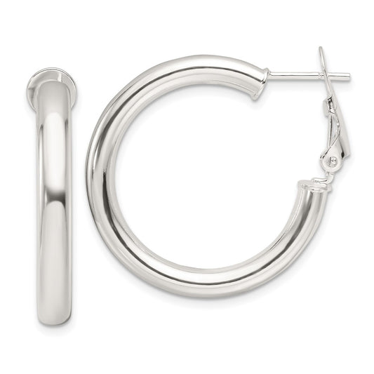 Sterling Silver Polished 30x4mm Omega Back Round Hoop Earrings