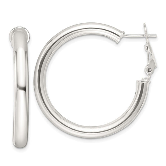Sterling Silver Polished 4mm Omega Back Round Hoop Earrings