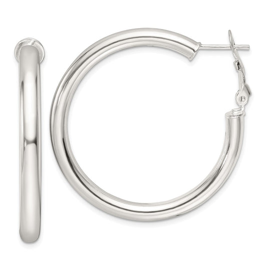 Sterling Silver Polished 40x4mm Omega Back Round Hoop Earrings