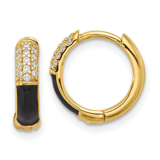 Sterling Silver Gold-tone Black Enamel CZ Hoop Earrings