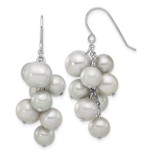 Sterling Silver Rhodium-plated 6-10mm Grey FWC Pearl Dangle Earrings