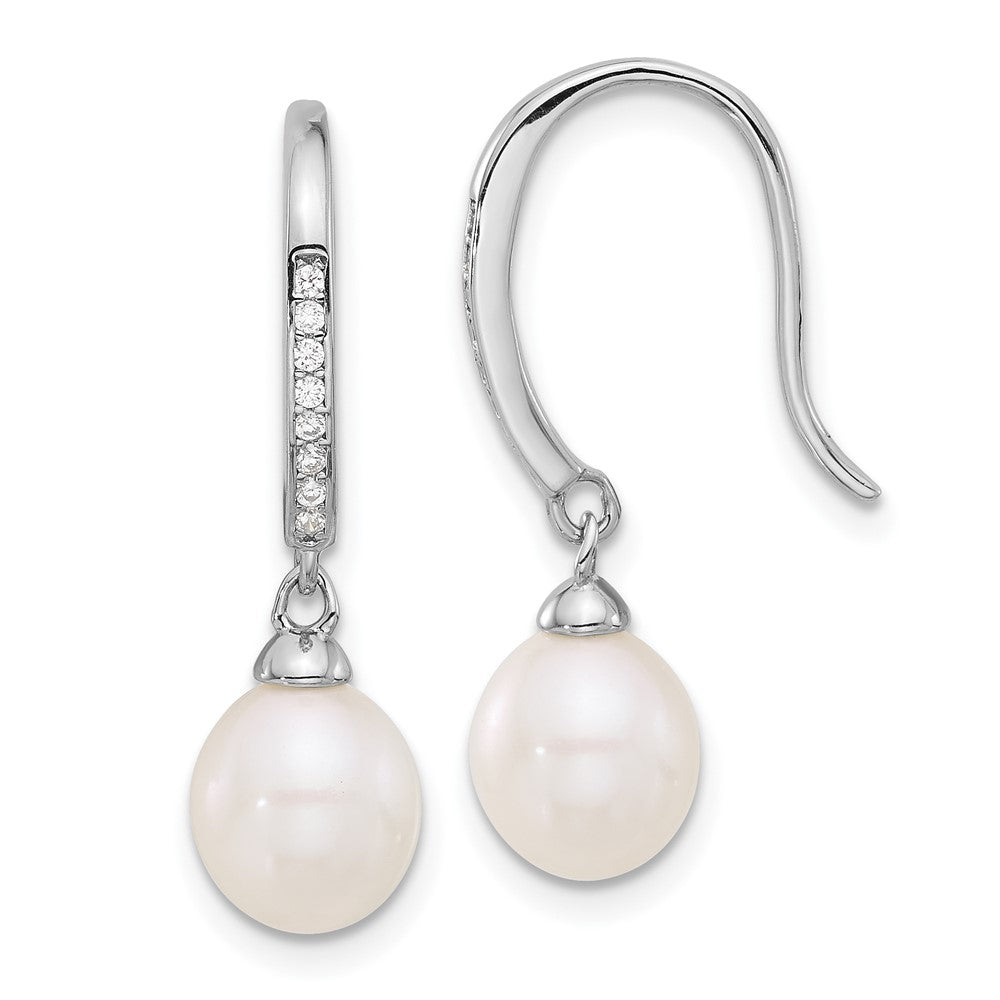 Sterling Silver RH-plated Polished 7-8mm FWC Pearl and CZ Dangle Earrings