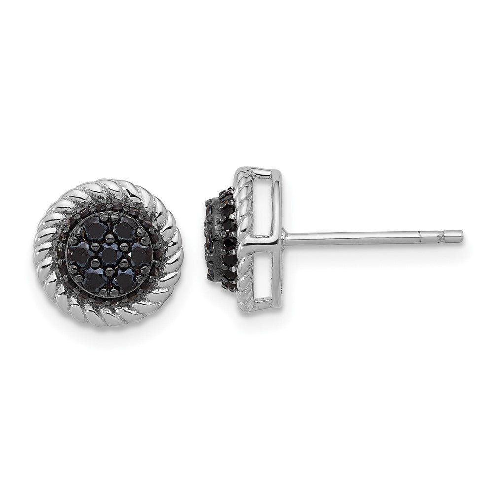 Sterling Silver RH-plated Polished/Twisted Black Spinel Circle Post Earring