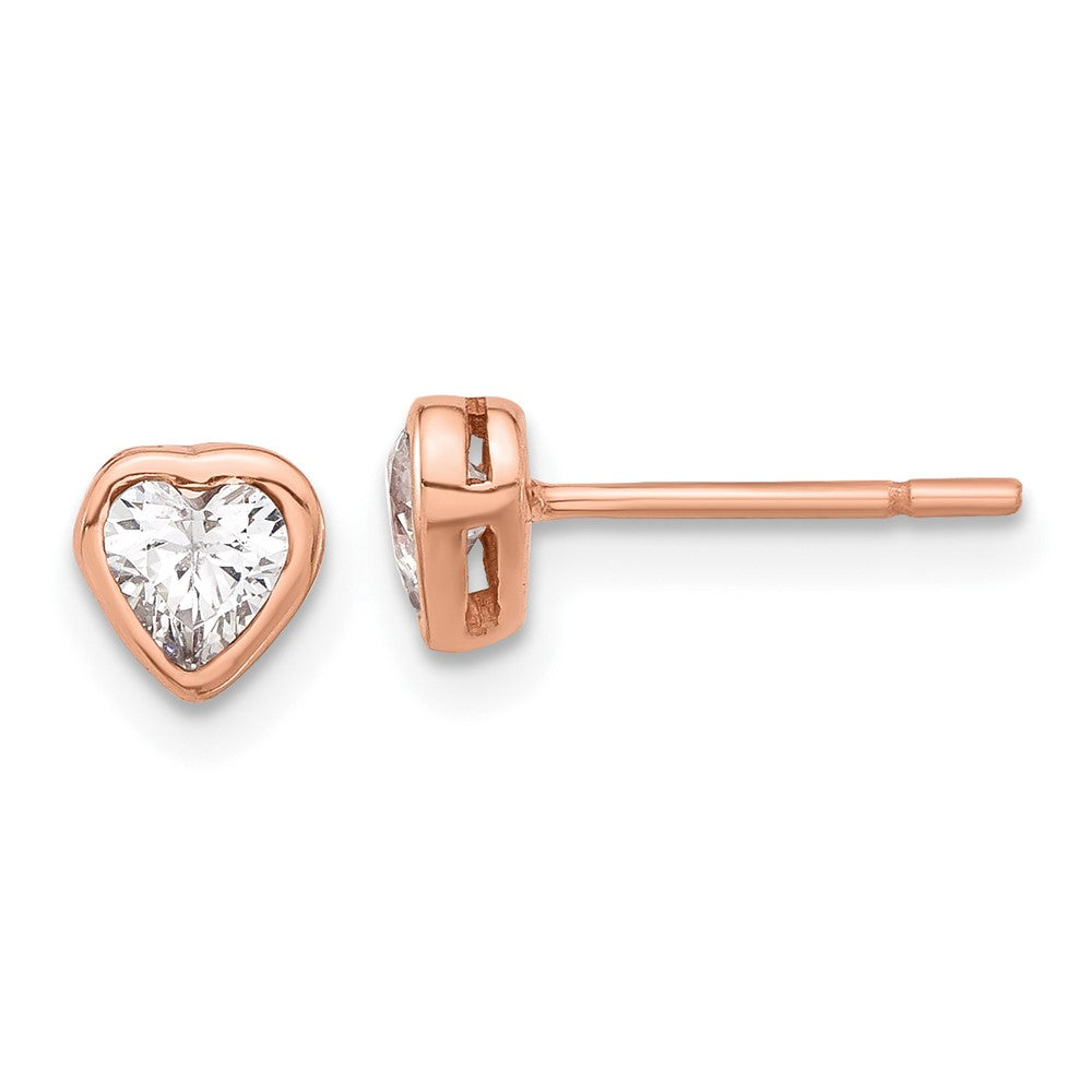 Sterling Silver Rose-tone CZ Bezel Heart Post Earrings