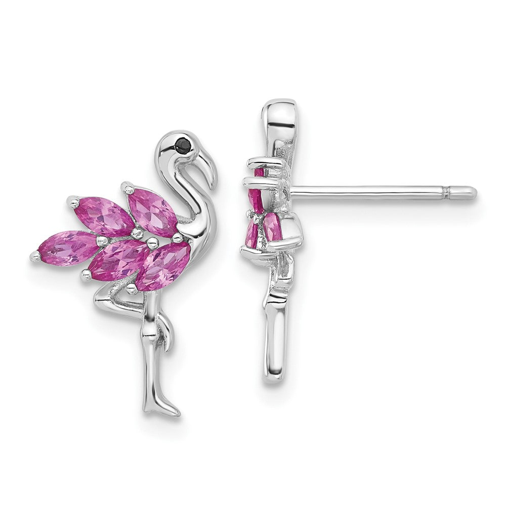 Sterling Silver Rhod-plated Pink Crystal Flamingo Post Earrings