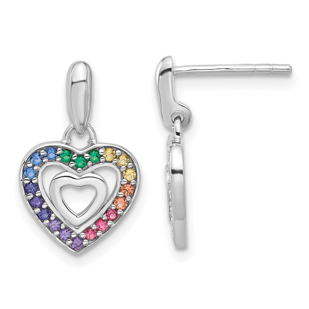 Sterling Silver RH-pltd Multicolor Crystal Heart Children's Dangle Earrings