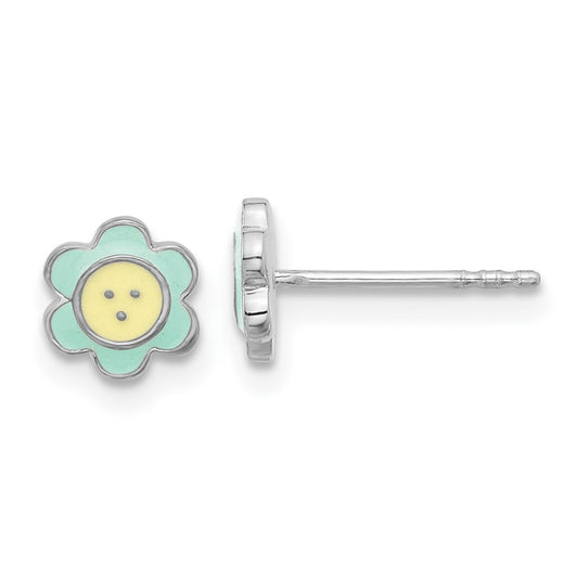 Sterling Silver Rhodium-plated Enamel Flower Children's Post Earrings