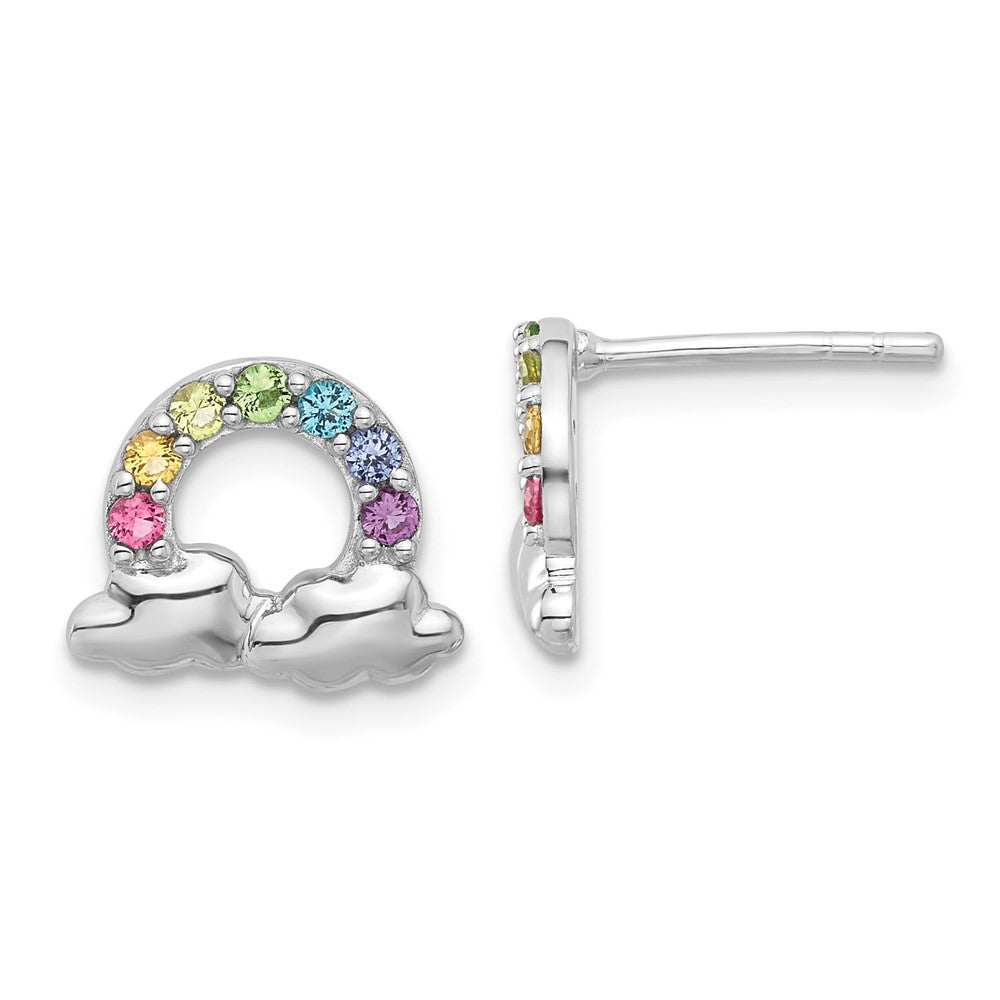 Sterling Silver Rhod-plated Crystal Rainbow & Clouds Children's Post Earrin