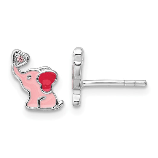 Sterling Silver RH-pltd Pink Enamel & CZ Elephant Children's Post Earrings