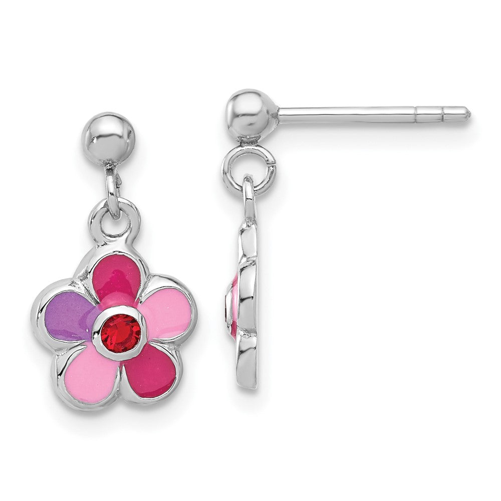 Sterling Silver RH-plated Enameled Red Crystal Flower Post Dangle Earrings