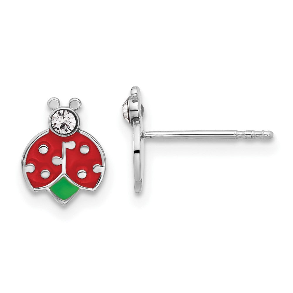 Sterling Silver RH-plated Enamel & Crystal Ladybug Children's Post Earrings