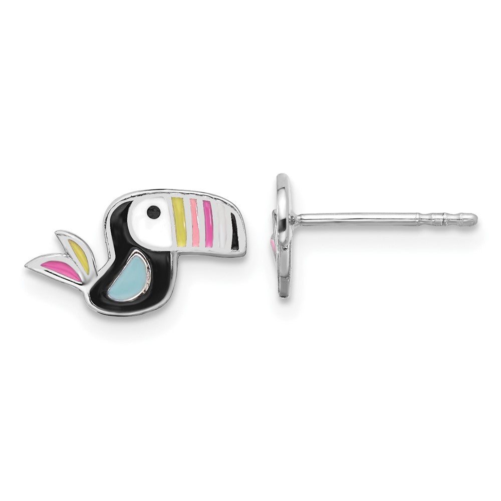 Sterling Silver RH-plated Enameled Toucan Bird Children's Post Earrings