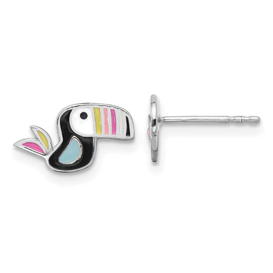 Sterling Silver RH-plated Enameled Toucan Bird Children's Post Earrings