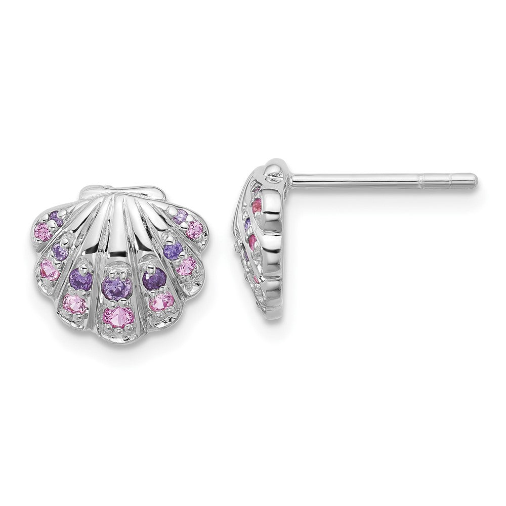 Sterling Silver Rh-plated Polished CZ Shell Post Earrings