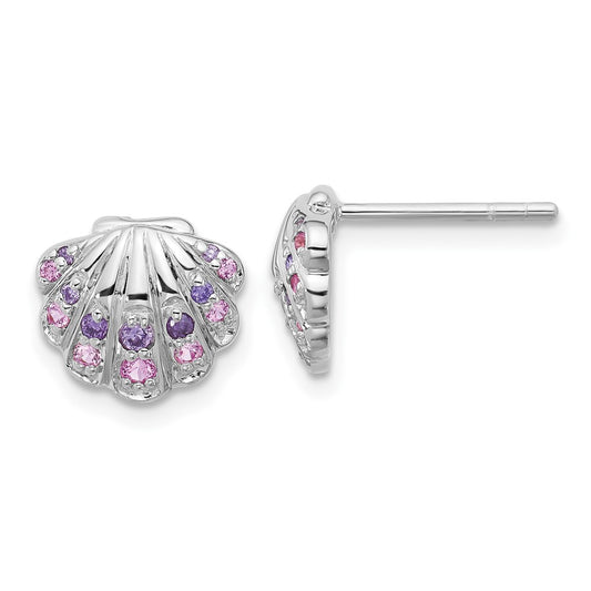 Sterling Silver Rh-plated Polished CZ Shell Post Earrings