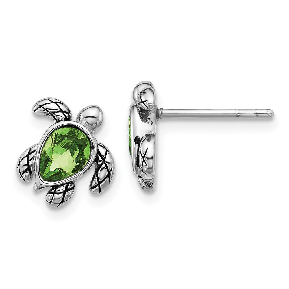 Sterling Silver RH-plated Antiqued Crystal Aug Birthstone Turtle Earrings