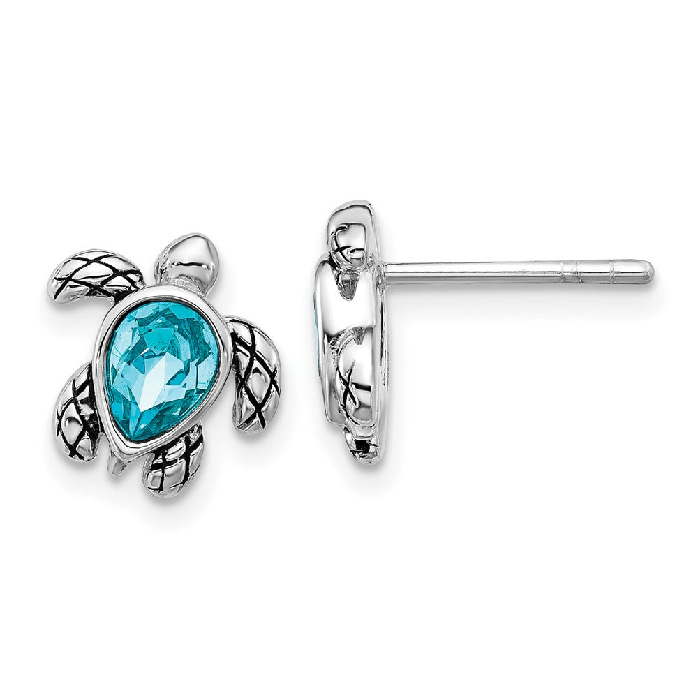 Sterling Silver RH-plated Antiqued Crystal Dec Birthstone Turtle Earrings